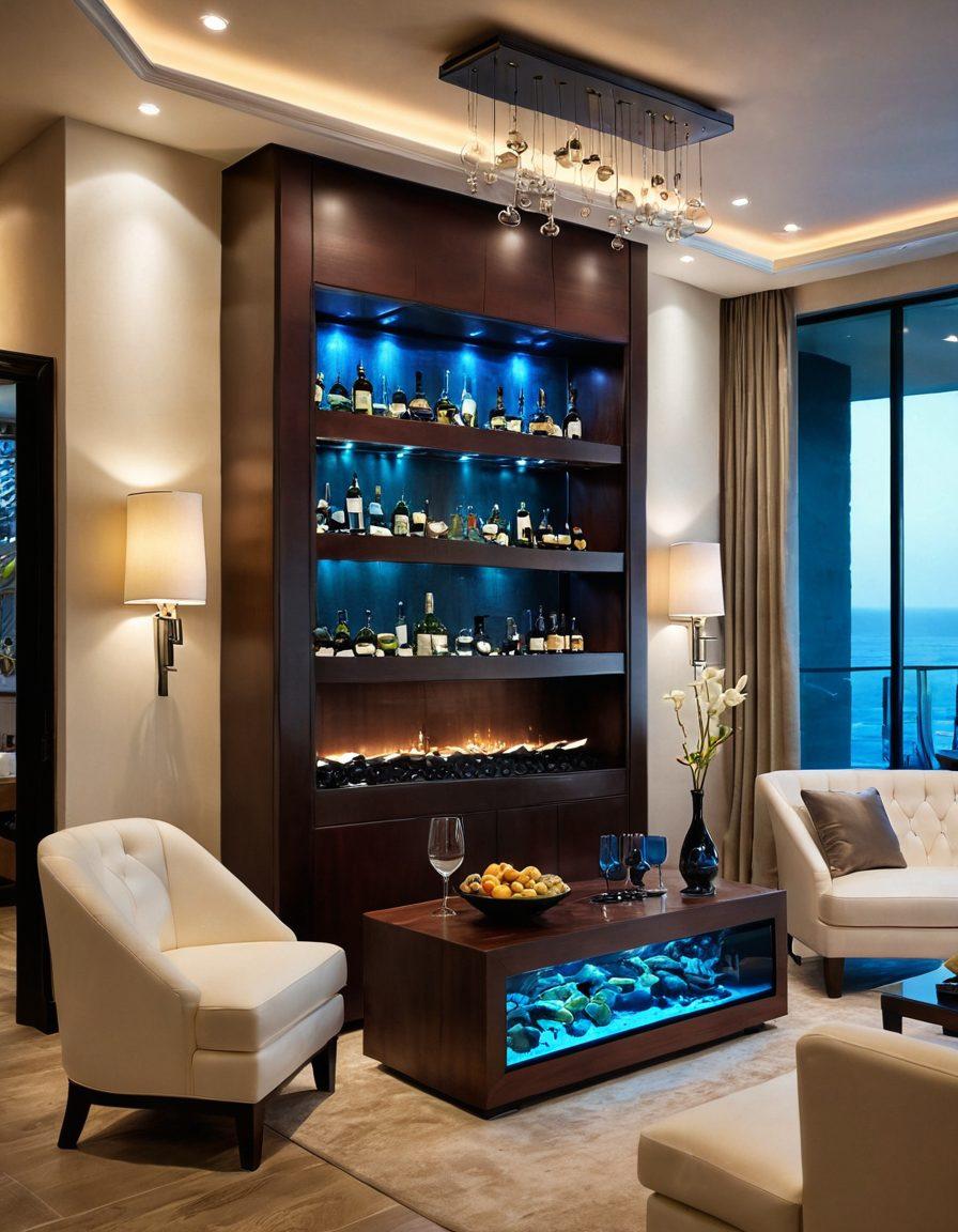 A luxurious living room showcasing a stunning display of premium wine bottles next to elegant aquatic-themed decor, such as fish tanks integrated into furniture or aquatic artworks. The ambiance should feel sophisticated and serene, with soft lighting highlighting the decor elements. Include a rich wooden wine rack and subtle marine colors in the decor, creating a harmonious blend between wine and water themes. super-realistic. warm lighting. elegant textures.