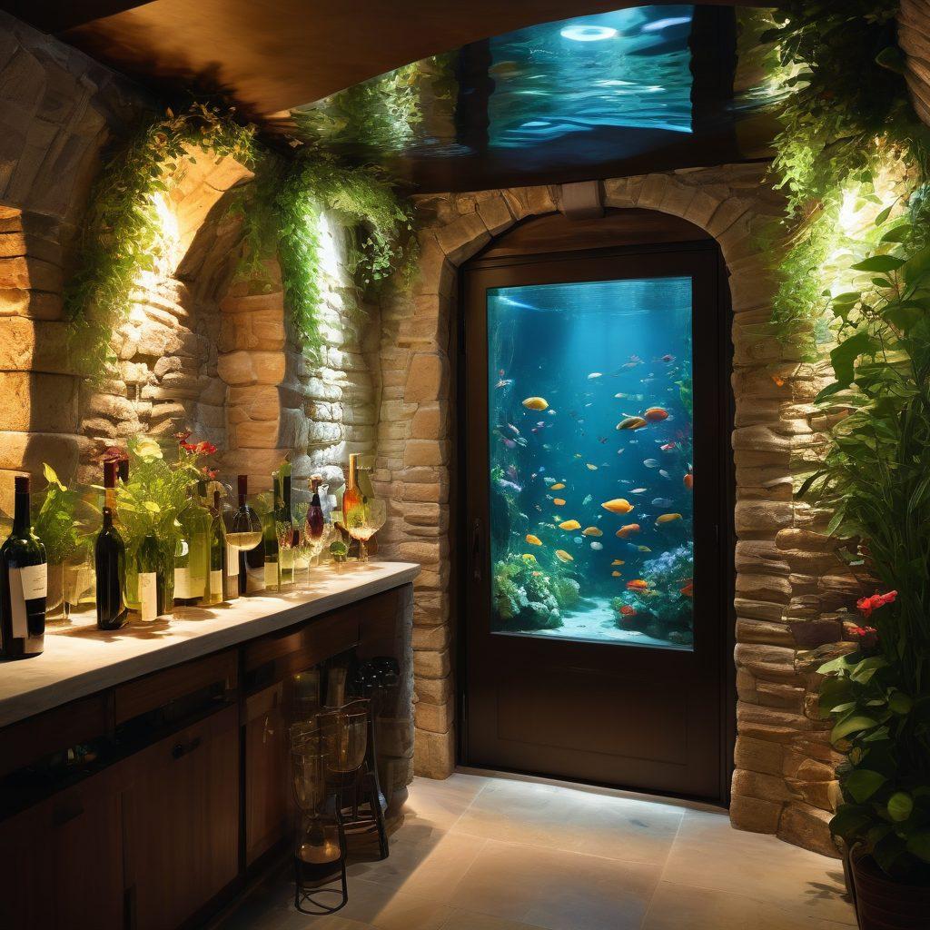A serene scene showcasing a luxurious wine cellar blending into a tranquil aquatic ecosystem, with elegant bottles of wine juxtaposed against vibrant aquatic plants and fish gracefully swimming. Soft dappled light filters through the cellar, illuminating both the bottles and the underwater world, creating a harmonious fusion of taste and tranquility. The colors should be rich and inviting, emphasizing the luxury of wine and the peace of nature. super-realistic. vibrant colors.