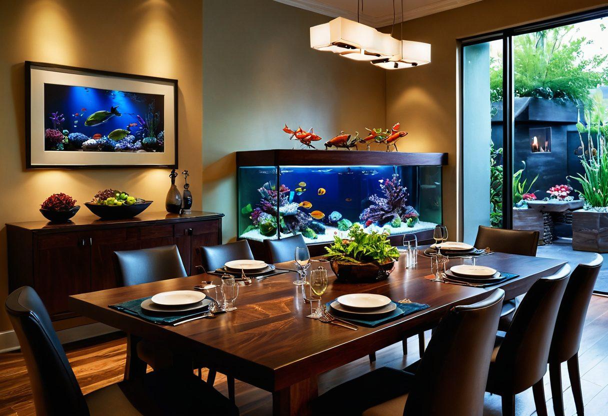 A luxurious home setting with a beautifully arranged wooden table adorned with several premium wine bottles, gleaming glassware, and elegant wine accessories. In the background, a stunning aquatic-themed decor featuring a large aquarium filled with colorful fish and aquatic plants. Soft, ambient lighting creates a warm and inviting atmosphere, enticing the viewer to explore the depths of flavor and aesthetics. super-realistic. vibrant colors. soft focus.